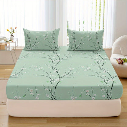 Conjunto de Lençol com Elástico Estampado 3 Peças (1 Lençol com Elástico + 2 Fronhas, Sem Enchimento)