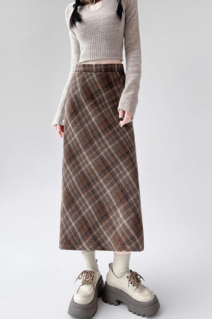 2025 Autumn Vintage Woolen Plaid Skirts Lady Elegant High Waist Slimming A-Line Skirt Women Korean Streetwear Slit Long Skirt