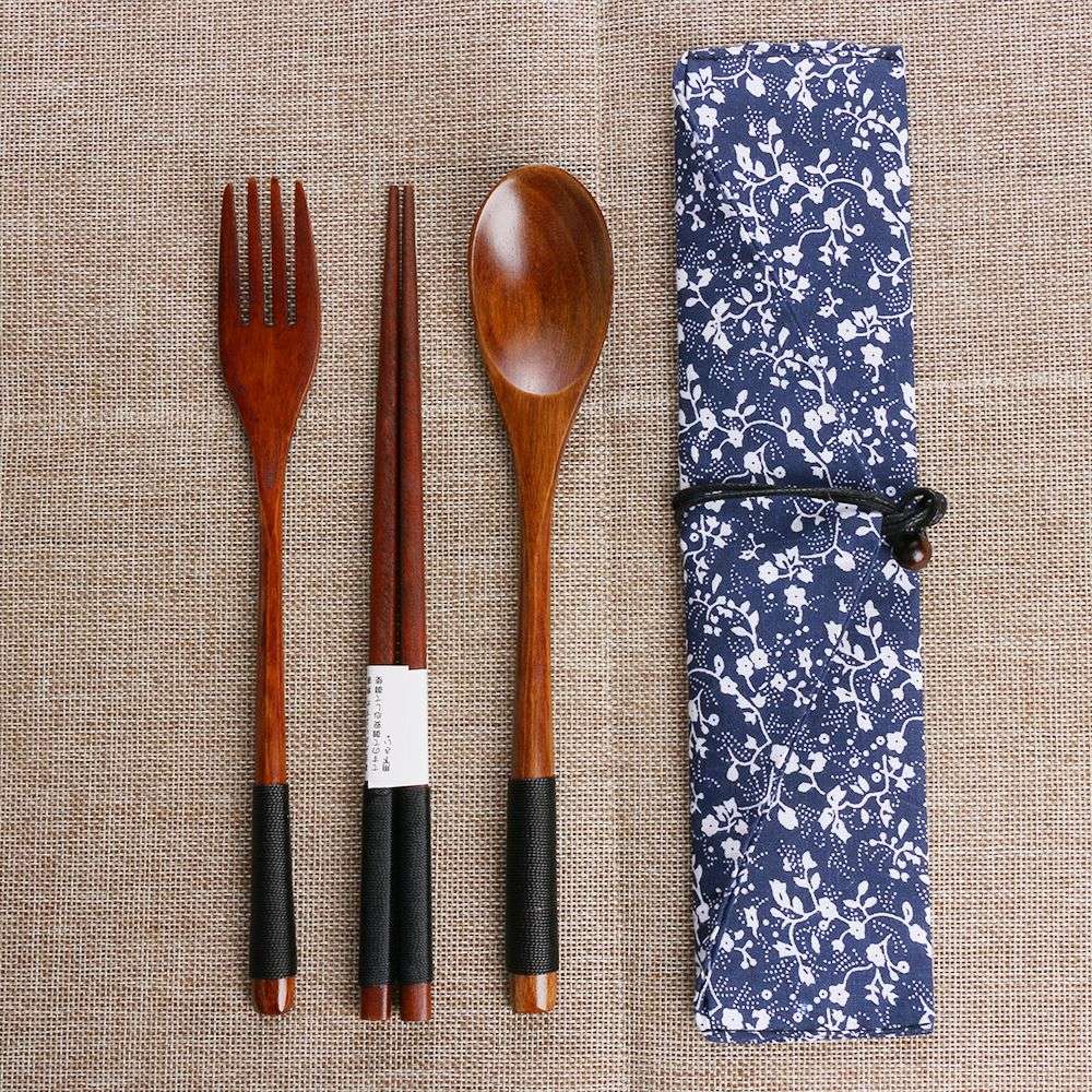 Spoon Fork Chopsticks Portable Tableware Wooden Cutlery Sets Travel Dinnerware Suit Environmental with Cloth Pack Gift