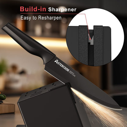 Conjunto de Facas de Cozinha Astercook com Bloco Amolador Embutido, Próprio para Lava-Louças, Conjunto de Bloco de Facas de Aço Inoxidável Alemão de 15 Peças