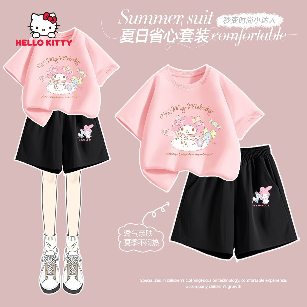 Sanrio Summer Baby Girls 100% Cotton Clothes Set Kid Children Cute Hello Kitty Printed Short Sleeve T-shirts Top And Shorts Suit