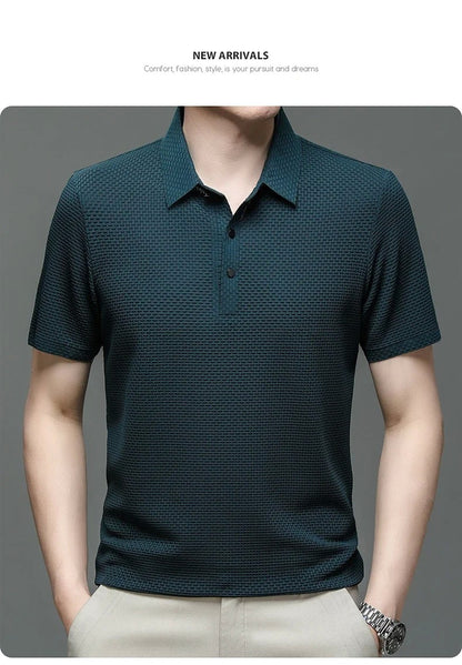 Summer New Men's Lop-up Hollow Short-sleeved Polo Tee Shirt Ice Silk Breathable Business Fashion T-Shirt Male Brand Clothes