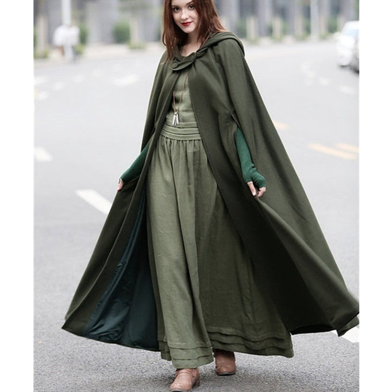 Caped Woolen Overcoat 2025 Europe Five Colors Hooded Shawl Lengthened Cloak Overcoat Woolen Overcoat Woman Windbreaker