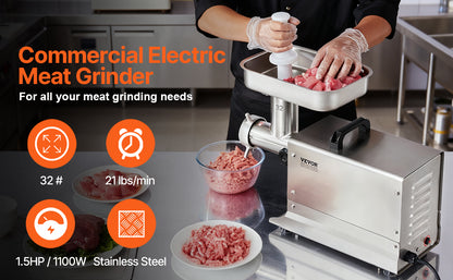 Moedor de Carne Elétrico VEVOR, Moedores de Carne e Lâmina, Chapa de Moagem em Aço Inoxidável Comercial para Cozinha, Restaurante, Açougue