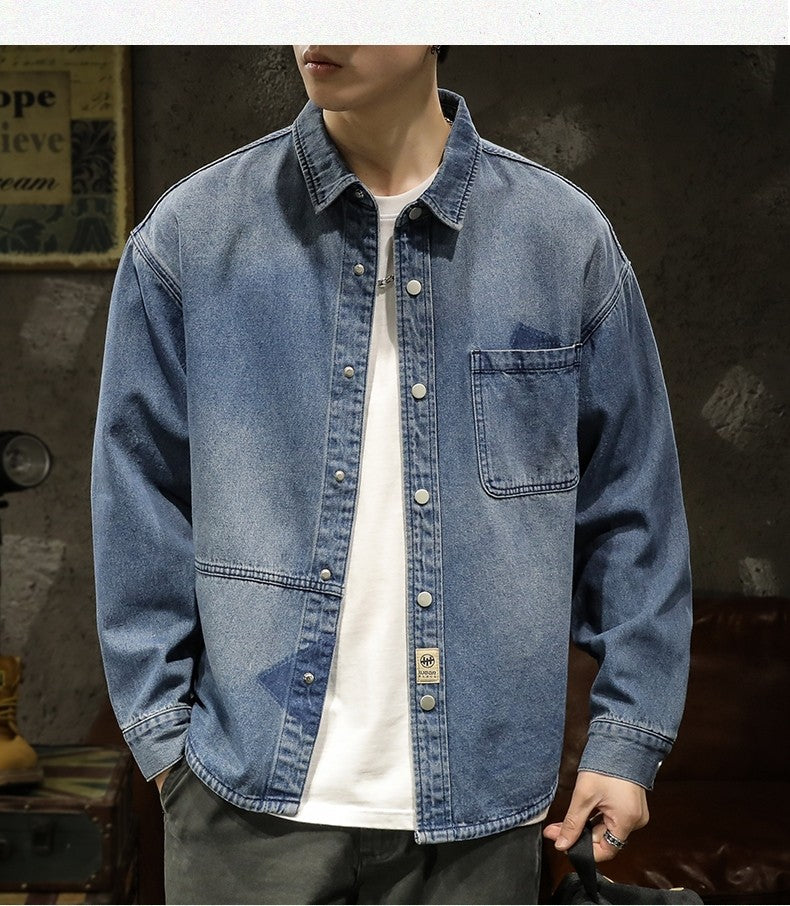 American Sle Heavyweight Men's Denim irt Loose Workwear Jaet Casual Long Sve Breathable Moisture ng Pure Color