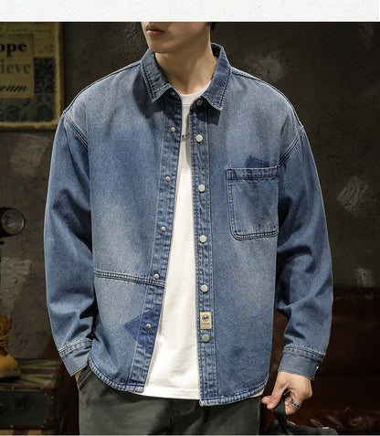 American Sle Heavyweight Men's Denim irt Loose Workwear Jaet Casual Long Sve Breathable Moisture ng Pure Color