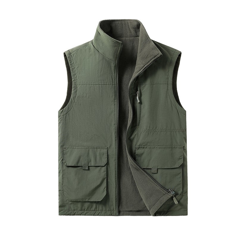Colete de Pesca Masculino de Veludo Outono e Primavera Novo, Casaco de Veludo para Homem, Colete de Trabalho Solto e Moderno com Vários Bolsos para Homens de Meia-Idade