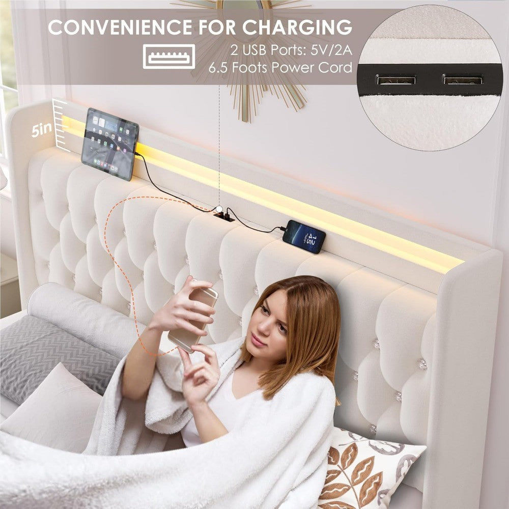 Luxurious Velvet Queen LED Bed Frame with Built-in Charging Station and 4 Storage Drawers, Enhanced with Handcrafted Crystals