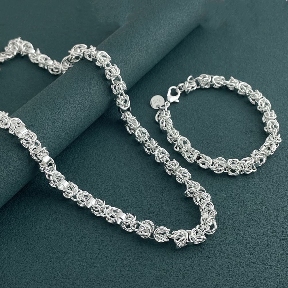 925 Sterling Silver Jewelry Set Braided Multi-ring Shrimp Clasp Necklace Bracelet Set Women's Fashion Simple Party Jewelry Gift