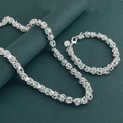 925 Sterling Silver Jewelry Set Braided Multi-ring Shrimp Clasp Necklace Bracelet Set Women's Fashion Simple Party Jewelry Gift