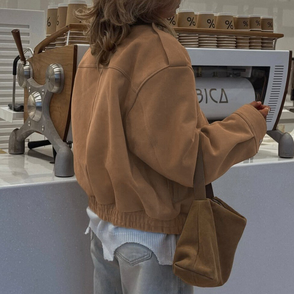 2025 Autumn Fashion Casual Solid Suede Jackets Women Street Stand Collar Full Sleeve Zippers Loose Coats Female  Jacke