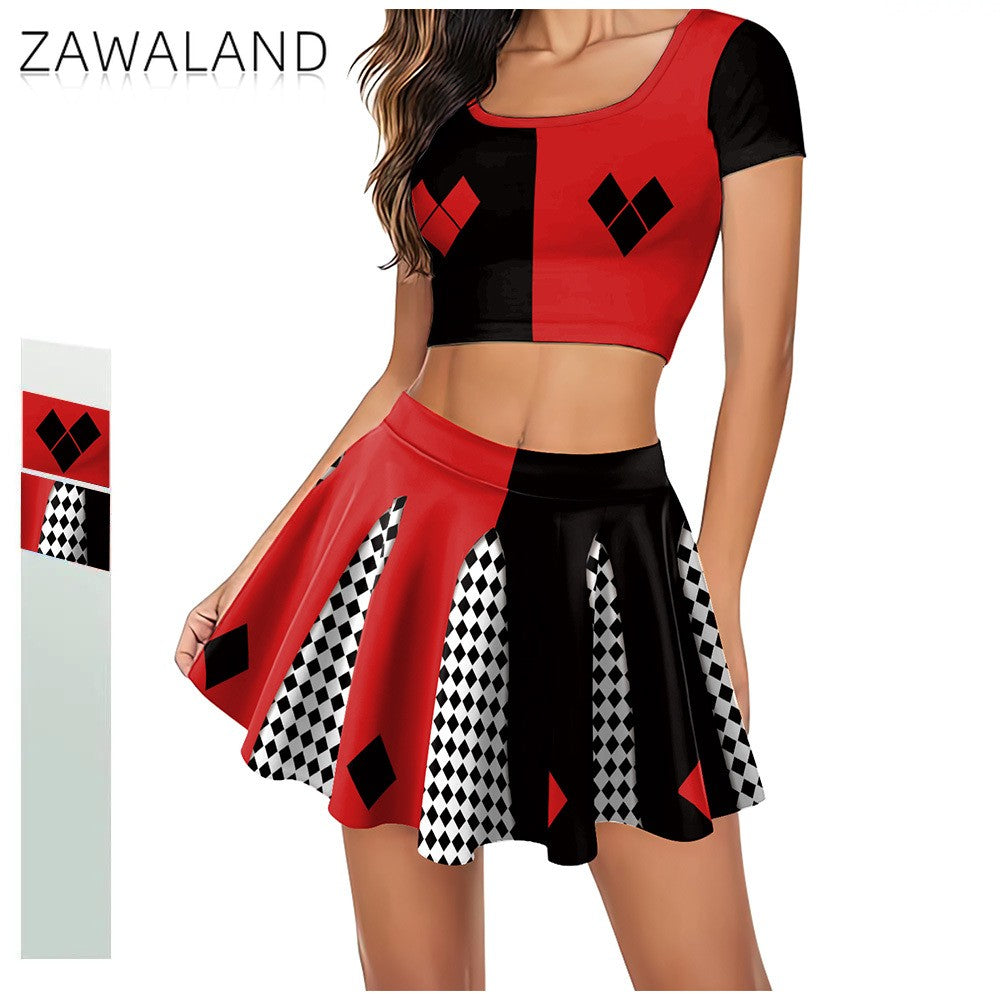 Movie Clown Cosplay Costume Halloween Harry Q Party Outfit Red Black Crop Top Performance Pleated Skirt Carnival Holiday Dresses