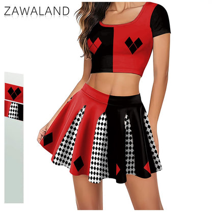 Movie Clown Cosplay Costume Halloween Harry Q Party Outfit Red Black Crop Top Performance Pleated Skirt Carnival Holiday Dresses