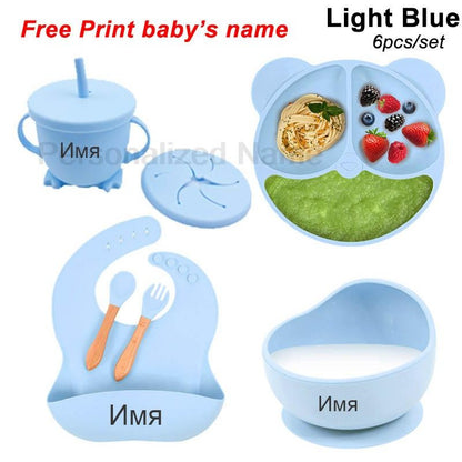 Personalized Name Tableware For Kids Silicone Suction Cup Plate Bowl Baby Feeding Set Children Dinner Dishes Bowl Spoon Cup