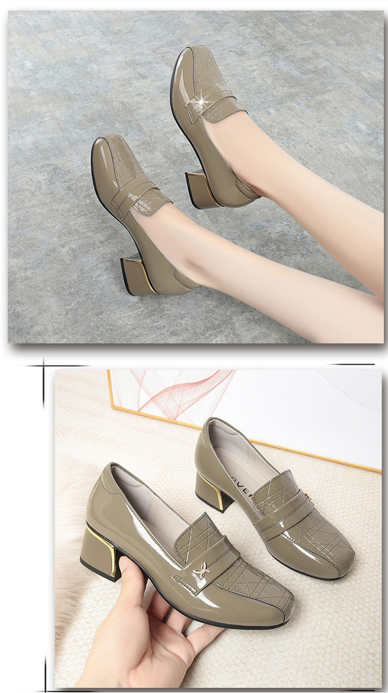 4.5cm British Style Deep Mouth Block Heels Shoes Women Loafers Bright Leather 2024 Spring Soft Leather Shoes for Office Mom