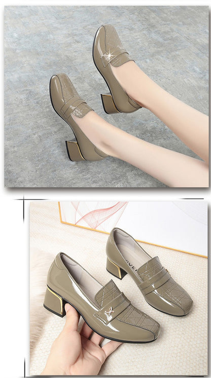 4.5cm British Style Deep Mouth Block Heels Shoes Women Loafers Bright Leather 2024 Spring Soft Leather Shoes for Office Mom