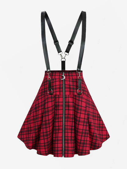 ROSEGAL Plus Size Plaid Print Suspender Skirt Women's Unique Vintage Style Zip up Skirts