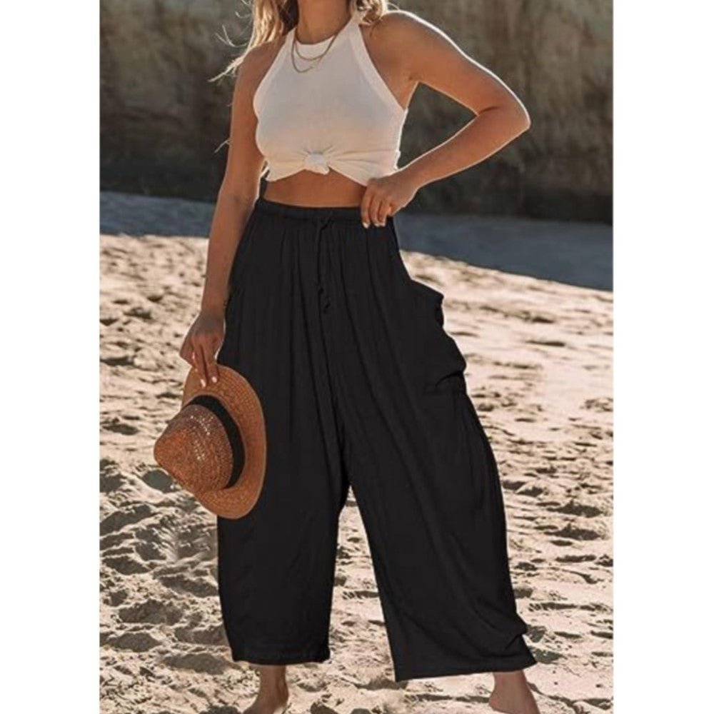 Women's Stretched-waist Pleated High-waisted Wide-leg Trousers Spring Autumn Fashion Cotton Linen Pocket Casual Trousers Woman