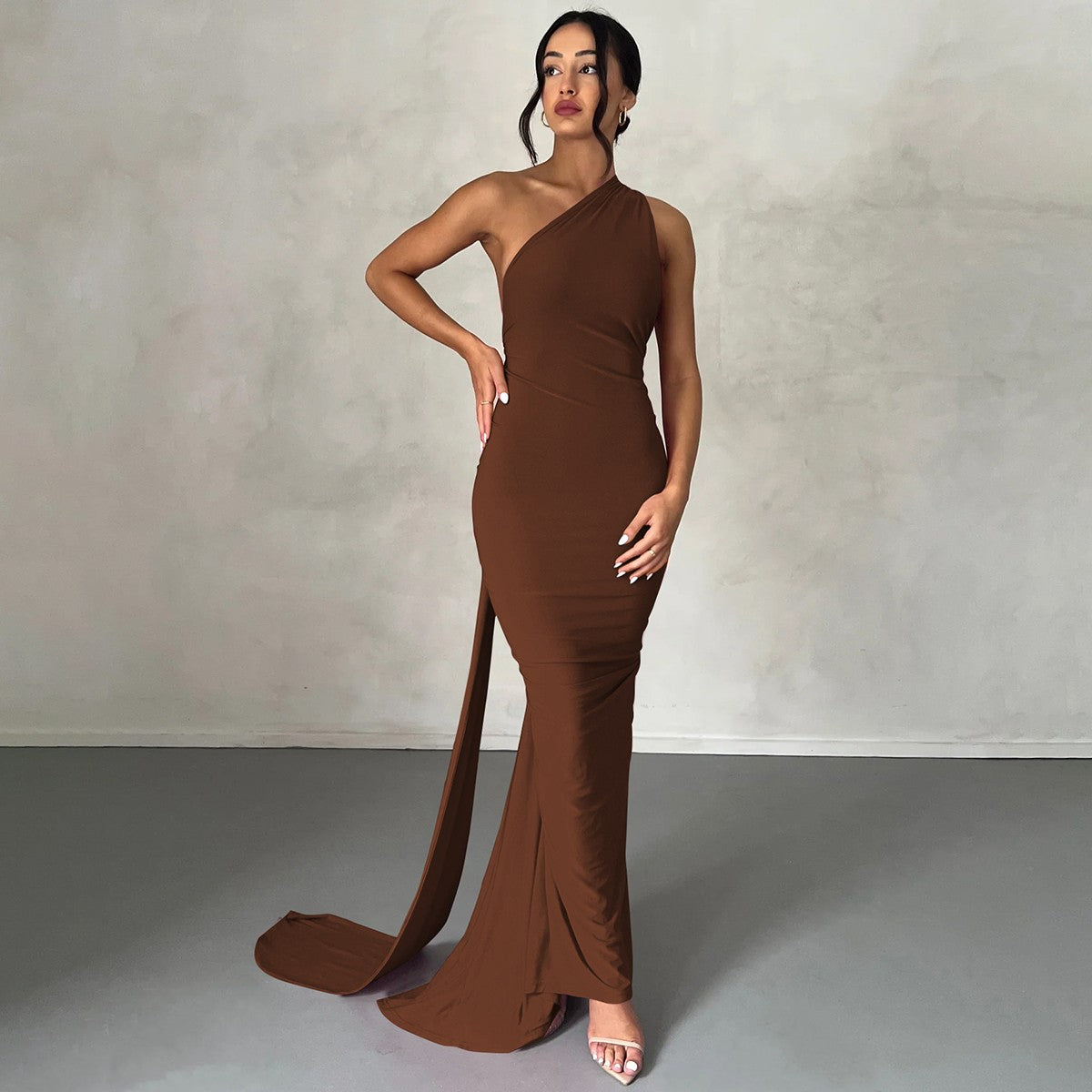 Hugcitar One Shoulder Backless Adjustable Scarf Loop Ruched Sexy Maxi Dress Wome