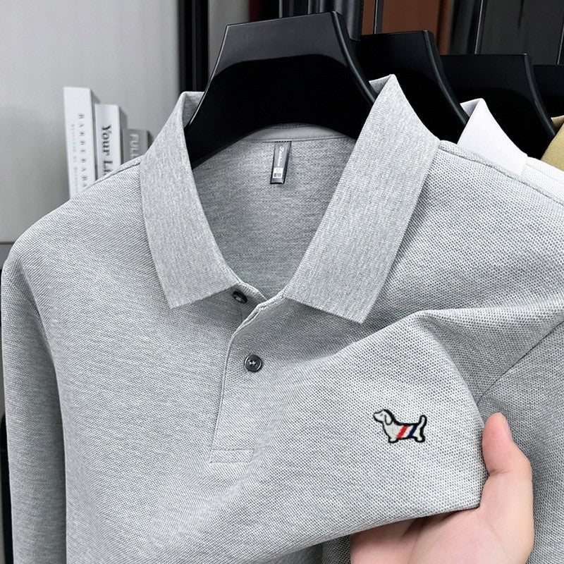 100% pure cotton spring and autumn fashionable men's collar striped long sleeved polo shirt with micro seal dog embossed design