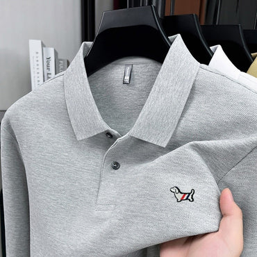100% pure cotton spring and autumn fashionable men's collar striped long sleeved polo shirt with micro seal dog embossed design