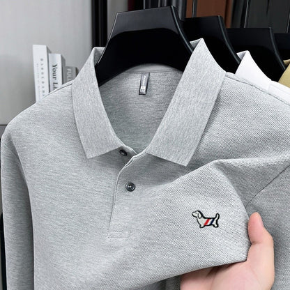 100% pure cotton spring and autumn fashionable men's collar striped long sleeved polo shirt with micro seal dog embossed design