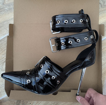 Denim Metal Rivet Buckle Silver Sandals Women's Sexy Punk Style Pointed Metal Hollow 12cm High Heels Size 34-43 Womens Shoes