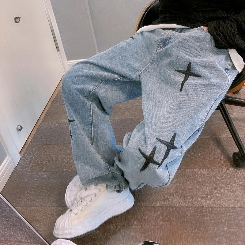 Nova Calça Jeans Masculina Larga Bordada Moda Solta Calça Jeans Streetwear Hip Hop Reta Perna Larga Calça Casual Roupa Masculina