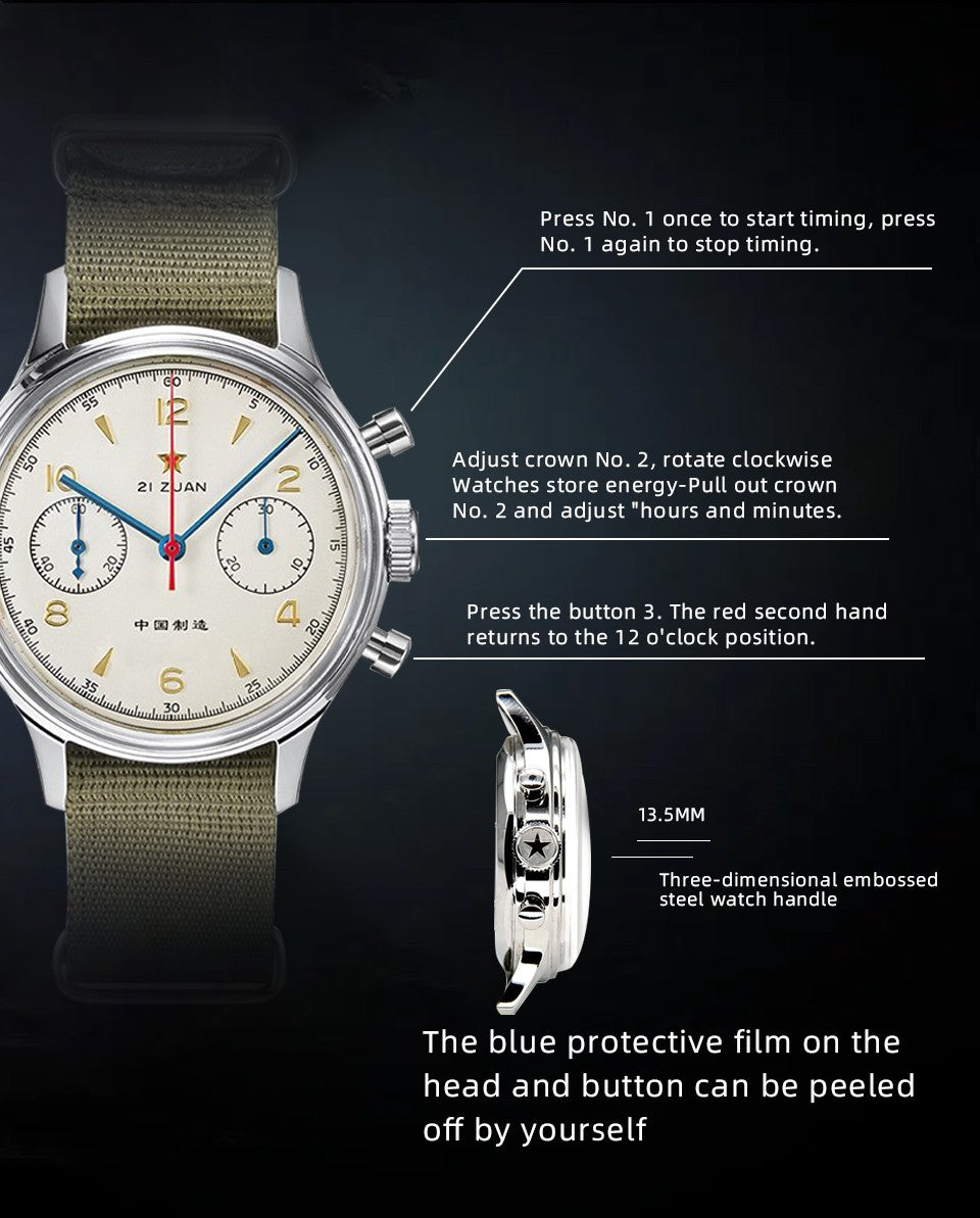 RED STAR 38mm Men's 1963 Chronograph Mechanical Watch Pilot with Seagull Movement ST1901 Air Force Aviation Sapphire Goose 40mm