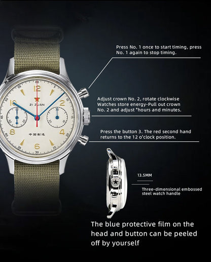 RED STAR 38mm Men's 1963 Chronograph Mechanical Watch Pilot with Seagull Movement ST1901 Air Force Aviation Sapphire Goose 40mm