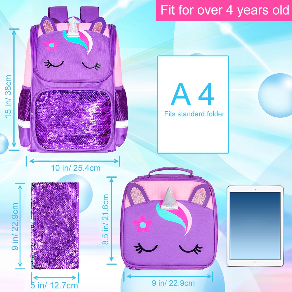 3PCS Unicorn Backpack, 15" Girls Sequin Bookbag with Lunch Box, Purple Kids School Bag for Elementary 2 sold