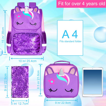 3PCS Unicorn Backpack, 15" Girls Sequin Bookbag with Lunch Box, Purple Kids School Bag for Elementary 2 sold