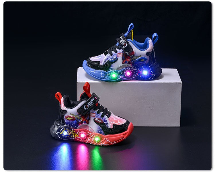 Boys Spiderman Sneakers Disney LED Children's Sport Shoes Fashion Anti-slip Kids Outdoor Shoes Student Design Pu Leather Shoes