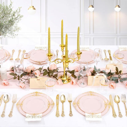 700PCS Pink Plastic Plates Pink and Gold Plates Luxury Pinks Plastic Dinnerware Set Include 200 Pinks Disposable Plates 300 Hea