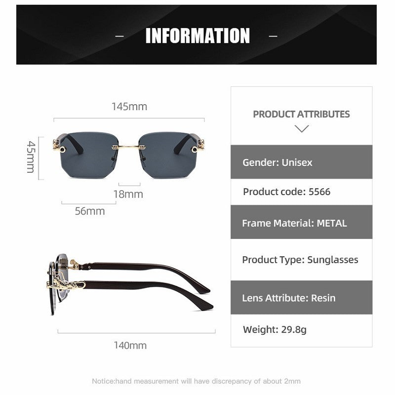 Square Sunglasses For Men Women Fashion Metal Leopard Head Rimless Eyewear Travel And Driving Shades Oculos De Sol UV400