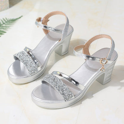 2025 New Sequins Chunky Heel Sandals for Women Summer Ankle Strap Platform Sandals Woman Fashion High Heel Party Shoes