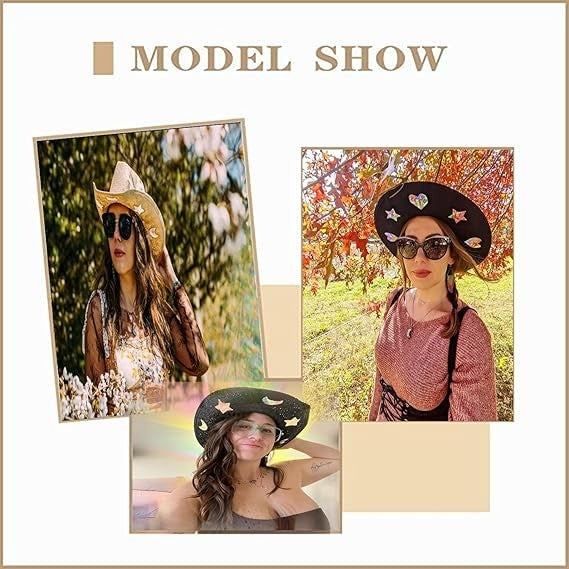 Moon Star Sequin Suncatcher Cowgirl Hats INS Fashion Summer Beach Women Straw Sun Hat Hollow Out Bohemian Western Cowgirls Hats