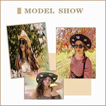 Moon Star Sequin Suncatcher Cowgirl Hats INS Fashion Summer Beach Women Straw Sun Hat Hollow Out Bohemian Western Cowgirls Hats