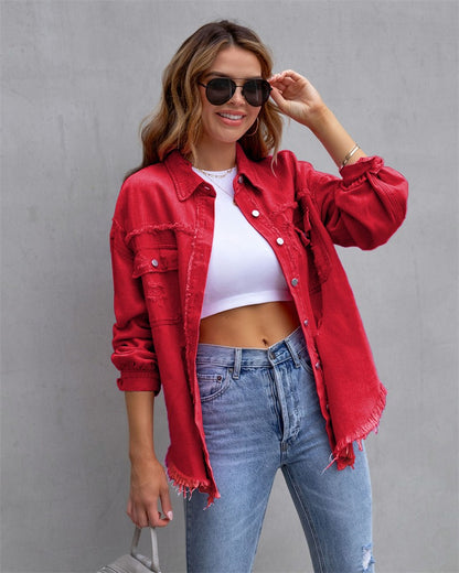 2025 Holes Raw-edges Denim Jacket Women Spring Autumn Shirt Style Jeancoat Casual Top Rose-Red Orange Purple Outerwear Lady Coat