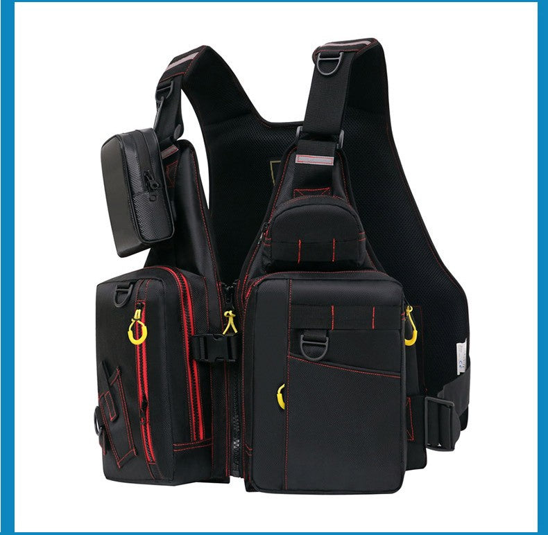 Colete salva-vidas multifuncional para pesca ao ar livre, essencial para a segurança. Vários bolsos para armazenamento, materiais flutuantes