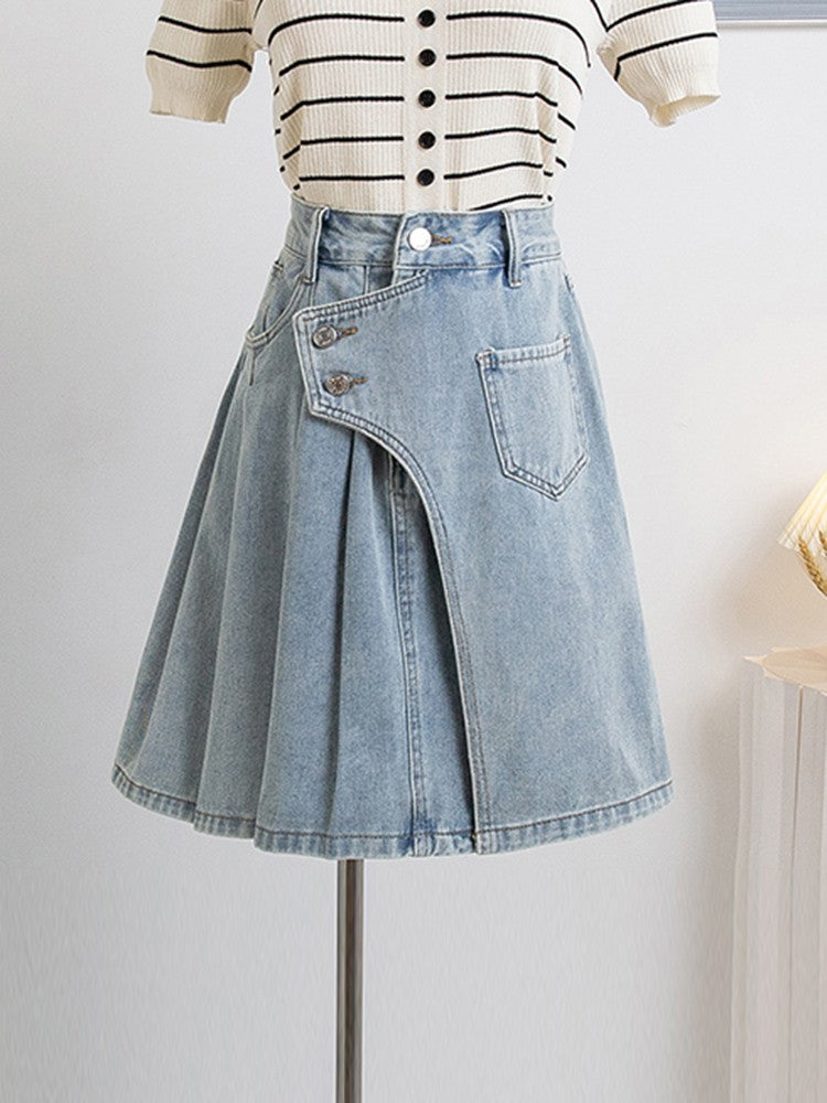 Plus Size Denim A Line Skirt With Lining 2024 Summer New Korean Fashion Pleated Midi Jean Skirt Woman Blue Color Jeans Skirts