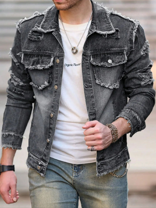 1Pc Men's Four Seasons Destroyed Stone Washed Light Jacket Daily American Street Casual Denim Jacket (No Hood/No Accessories)