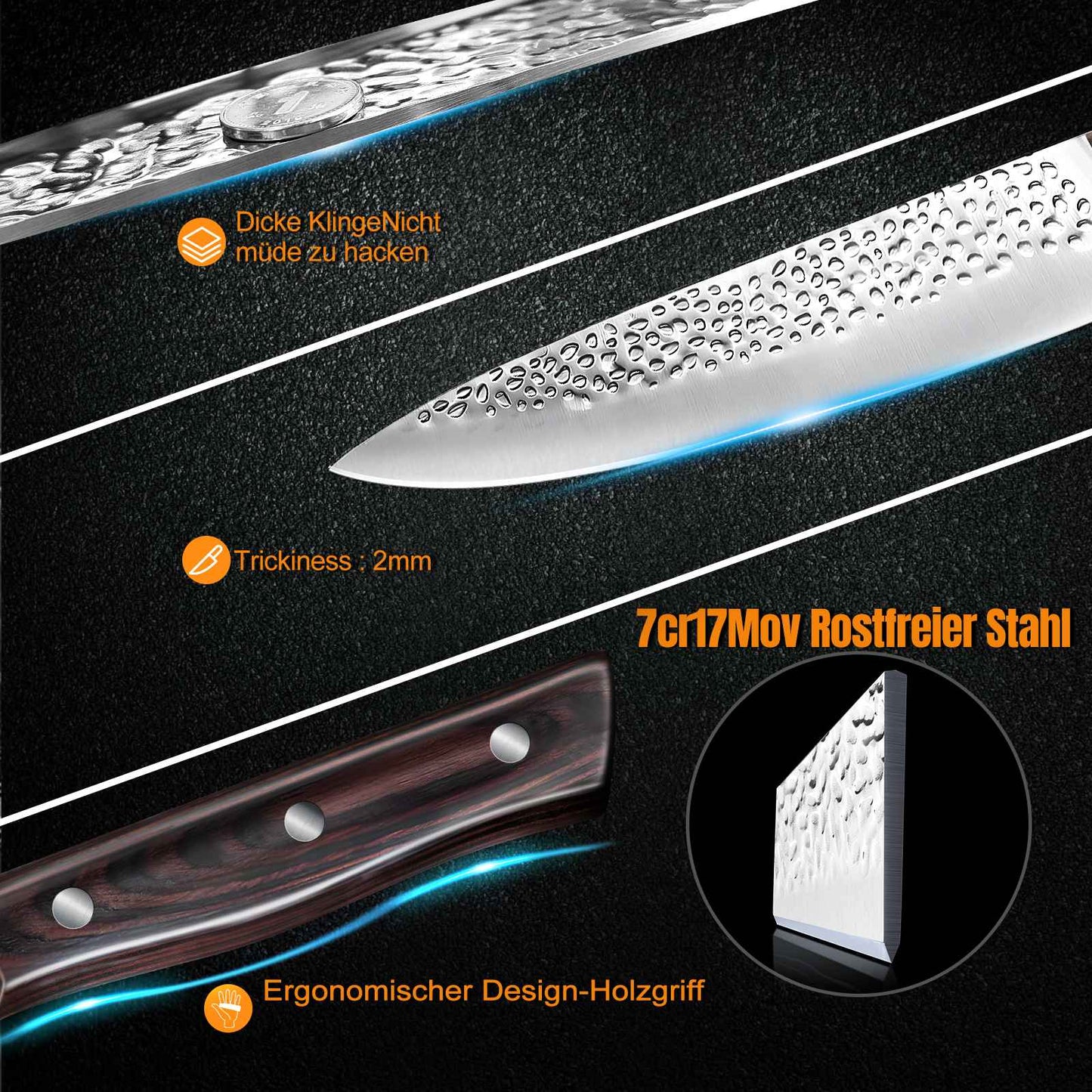 ZENG 8pcs Chef Knife Kitchen Knives Set Hammer Pattern Sharp Cutting Blade Meat Salmon Slicing Knives Santoku Knives Kitchen