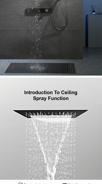 Sistema de chuveiro de latão Gunmetal luxuoso para banheiro com display de temperatura LED embutido no teto, 2 funções (chuva/cascata)