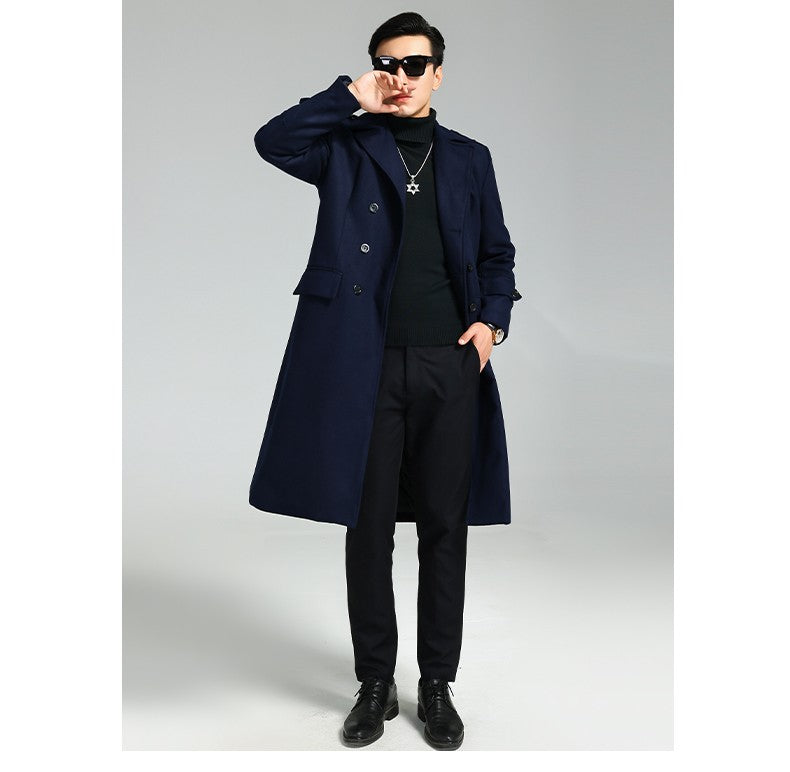 Nerazzurri Autumn Winter Long Elegant Luxury Chic Navy Blue Warm Woolen Coat for Men Double Breasted Wool & blends Overcoat 2023