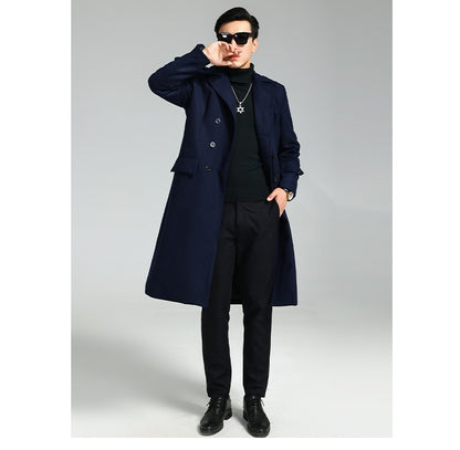 Nerazzurri Autumn Winter Long Elegant Luxury Chic Navy Blue Warm Woolen Coat for Men Double Breasted Wool & blends Overcoat 2023