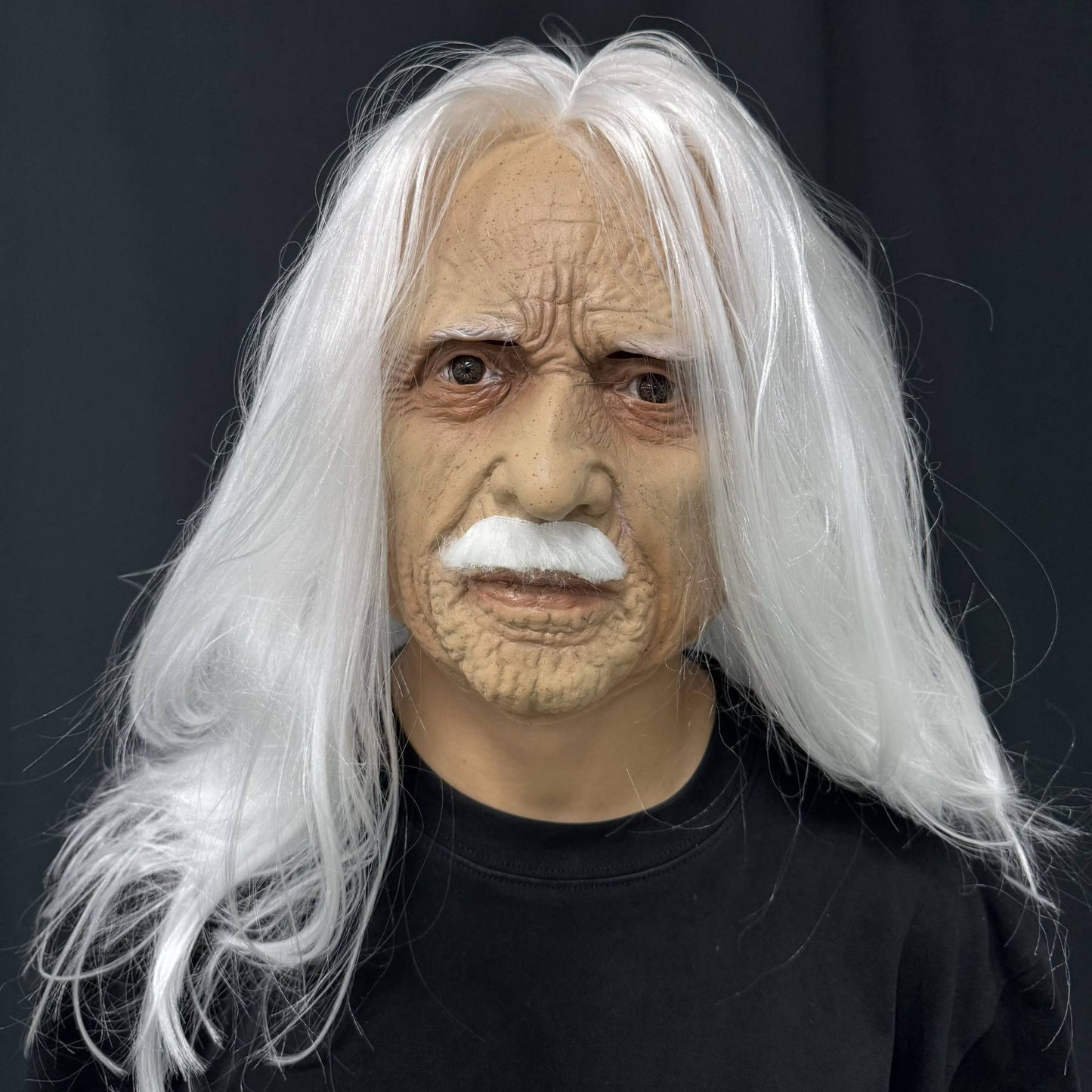 Realistic Old Man Latex Mask with Long White Hair & Mustache – Full Head Cosplay Helmet for Halloween Costume Party Props