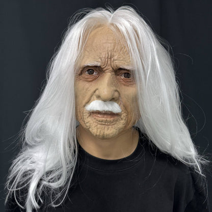Realistic Old Man Latex Mask with Long White Hair & Mustache – Full Head Cosplay Helmet for Halloween Costume Party Props