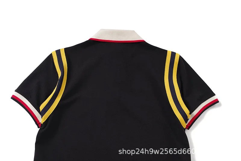 Trendy Gg European American Style Embroidered Small Bee Black Short Sleeve Stand Collar T-shirt Loose Fit Polo Shirt