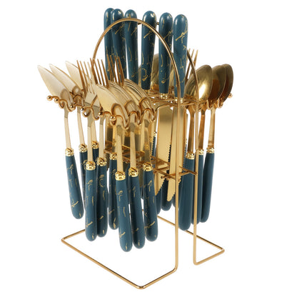 24Pcs Silverware Set with Hanging Holder Stainless Steel Flatware Set Mirror Polished Forks Knives Spoon Tableware Set for Home